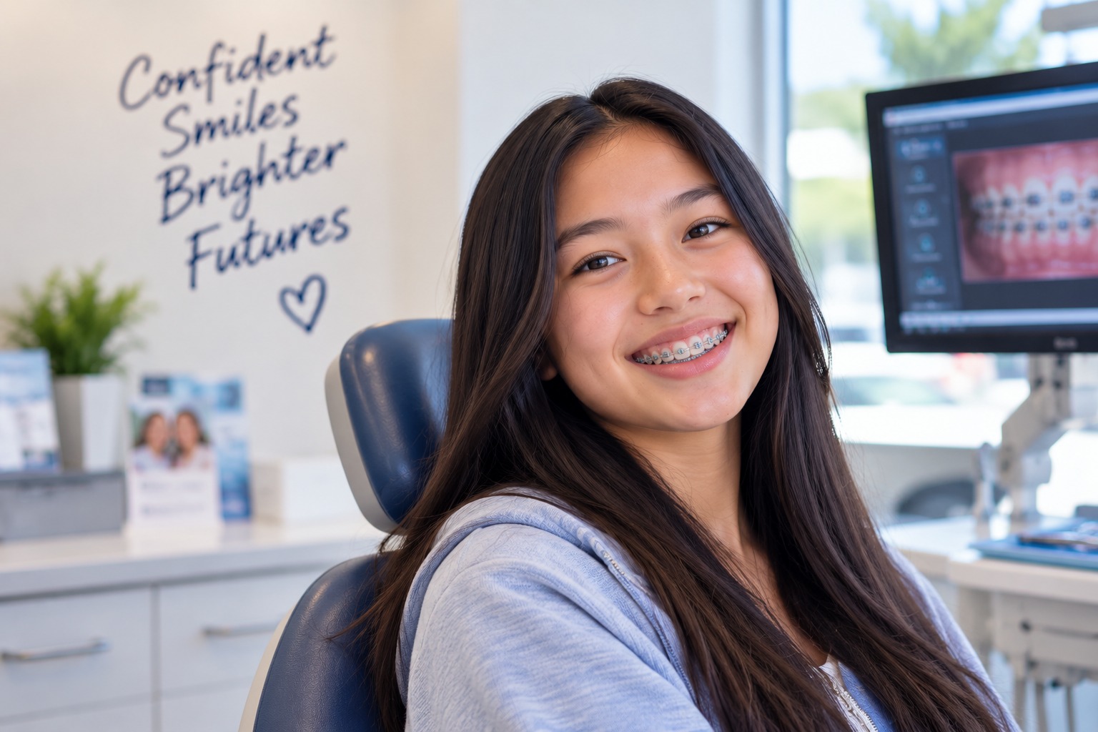 Teen patient smiling with braces in an orthodontic clinic