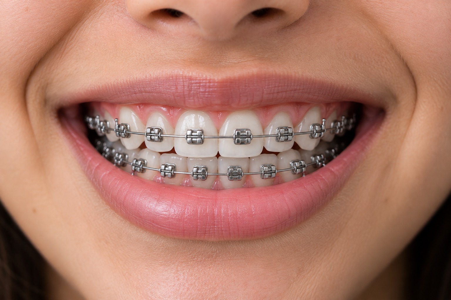 Close-up of conventional metal braces on upper and lower teeth
