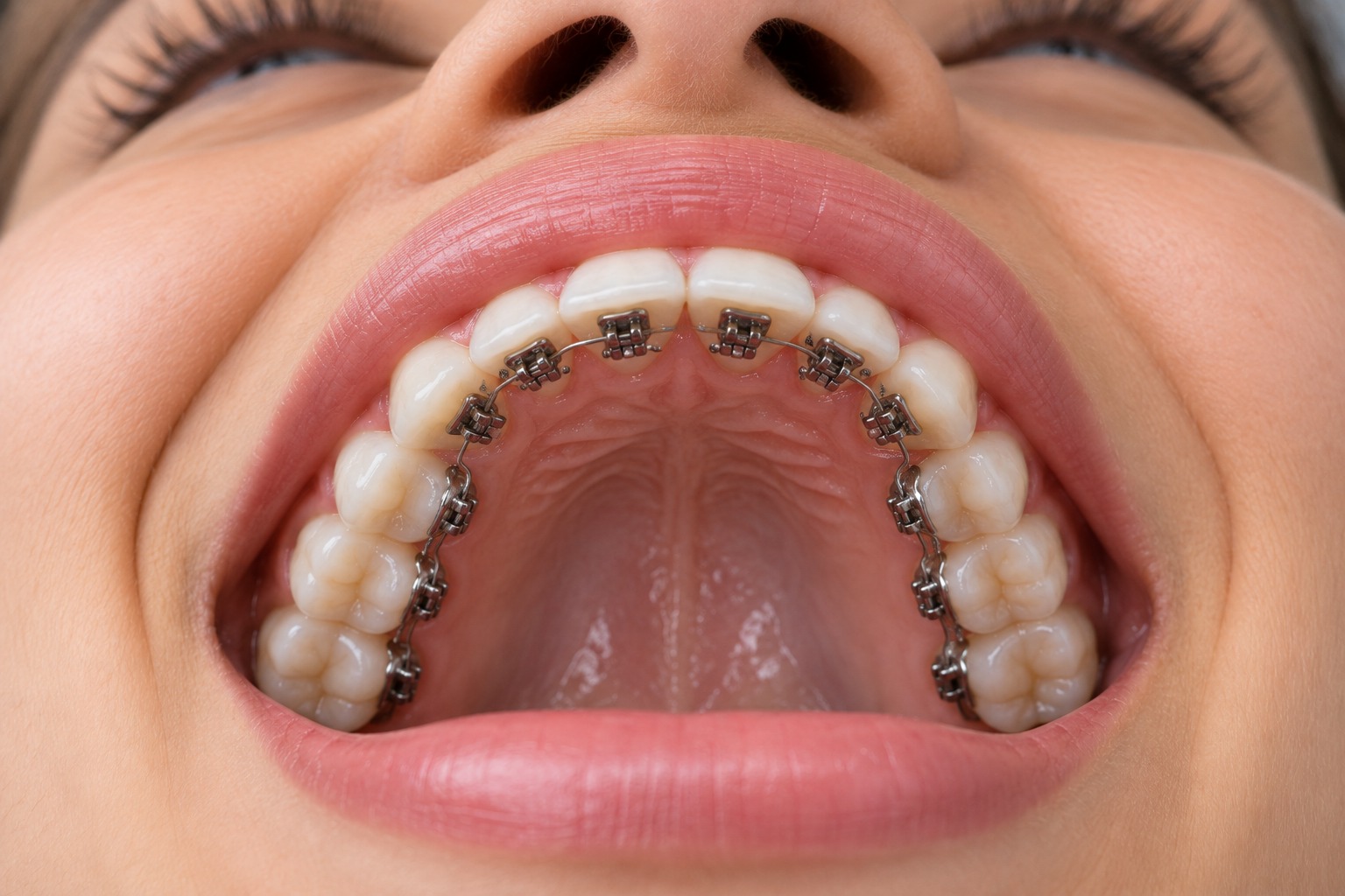 Close-up of lingual braces attached behind the upper teeth