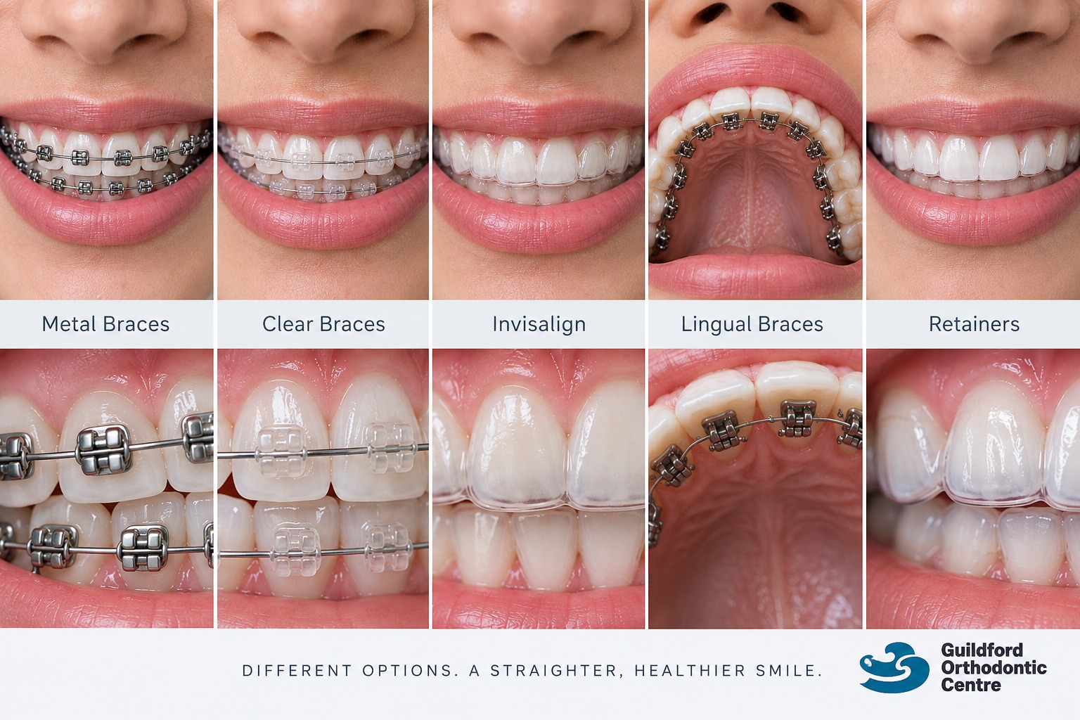 Comparison of metal braces, clear braces, clear aligners, lingual braces and retainers
